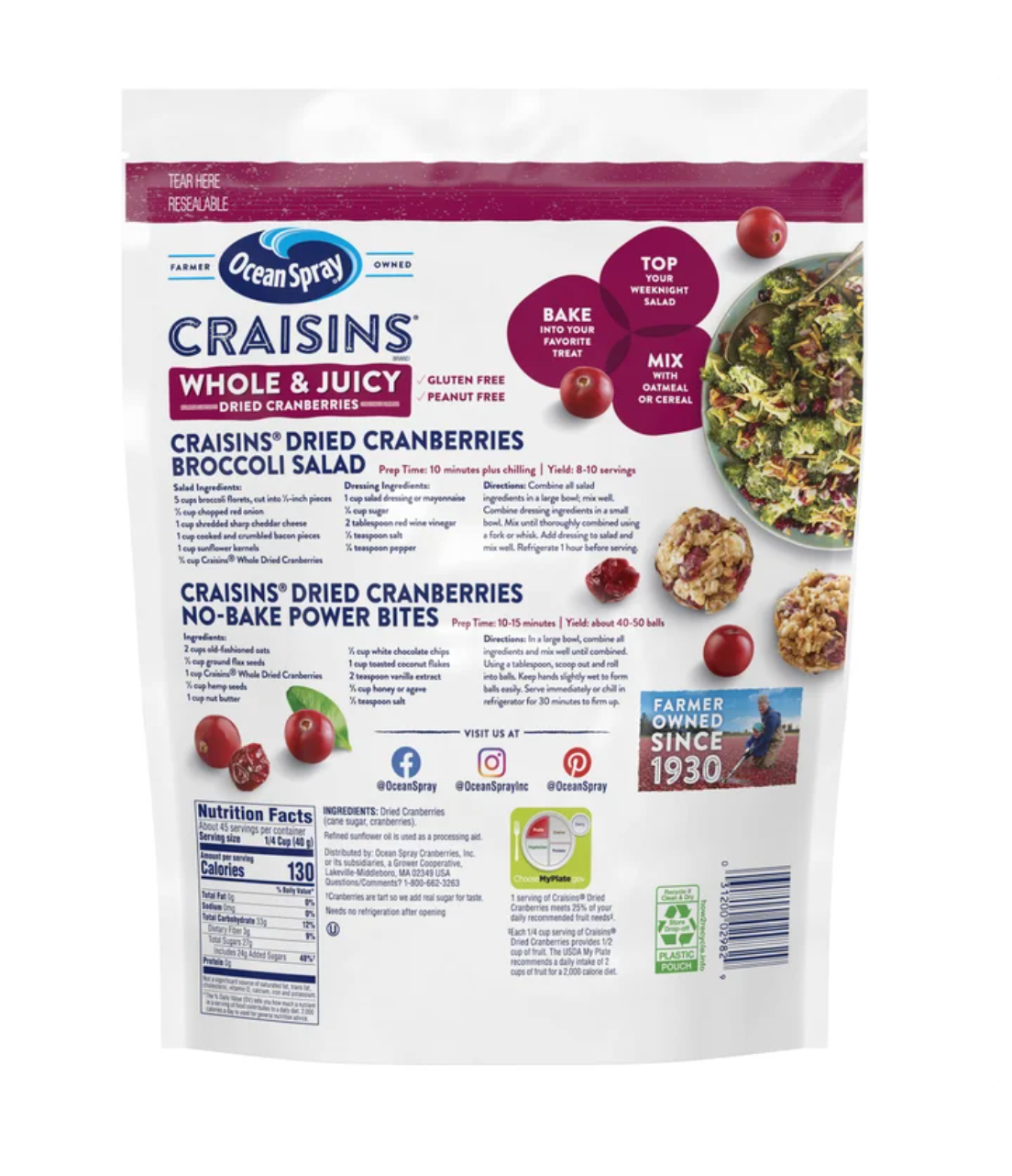 Ocean Spray Craisins, Whole Dried Cranberries, 64 oz