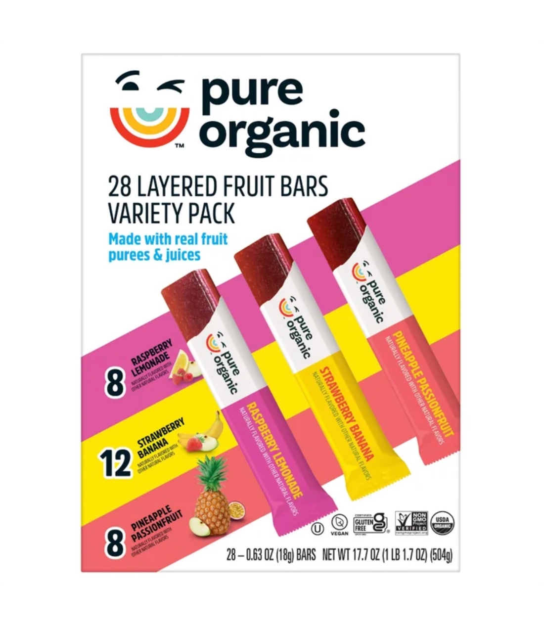 Pure Organic Layered Fruit Bars, Variety Pack, 0.63 oz (28-Count)
