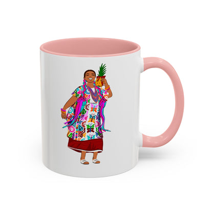 Accent Coffee Mug — Colorful Hawaiian Woman with Pineapple Illustration