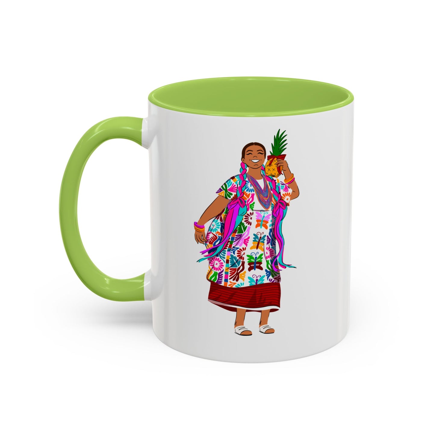 Accent Coffee Mug — Colorful Hawaiian Woman with Pineapple Illustration