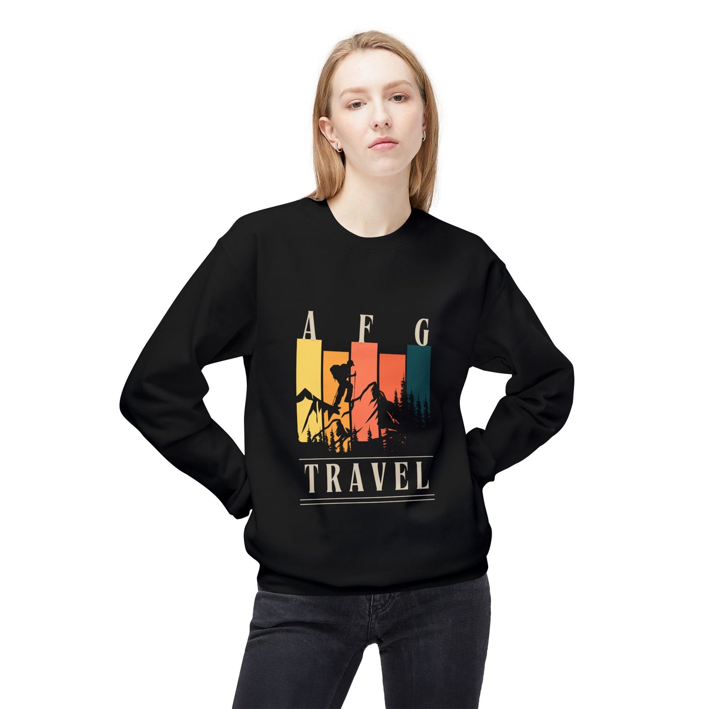 AFG Travel Crewneck Sweatshirt — Vintage Hiker Sunset Graphic