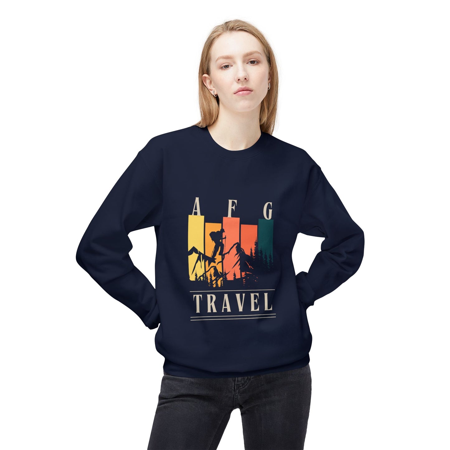AFG Travel Crewneck Sweatshirt — Vintage Hiker Sunset Graphic