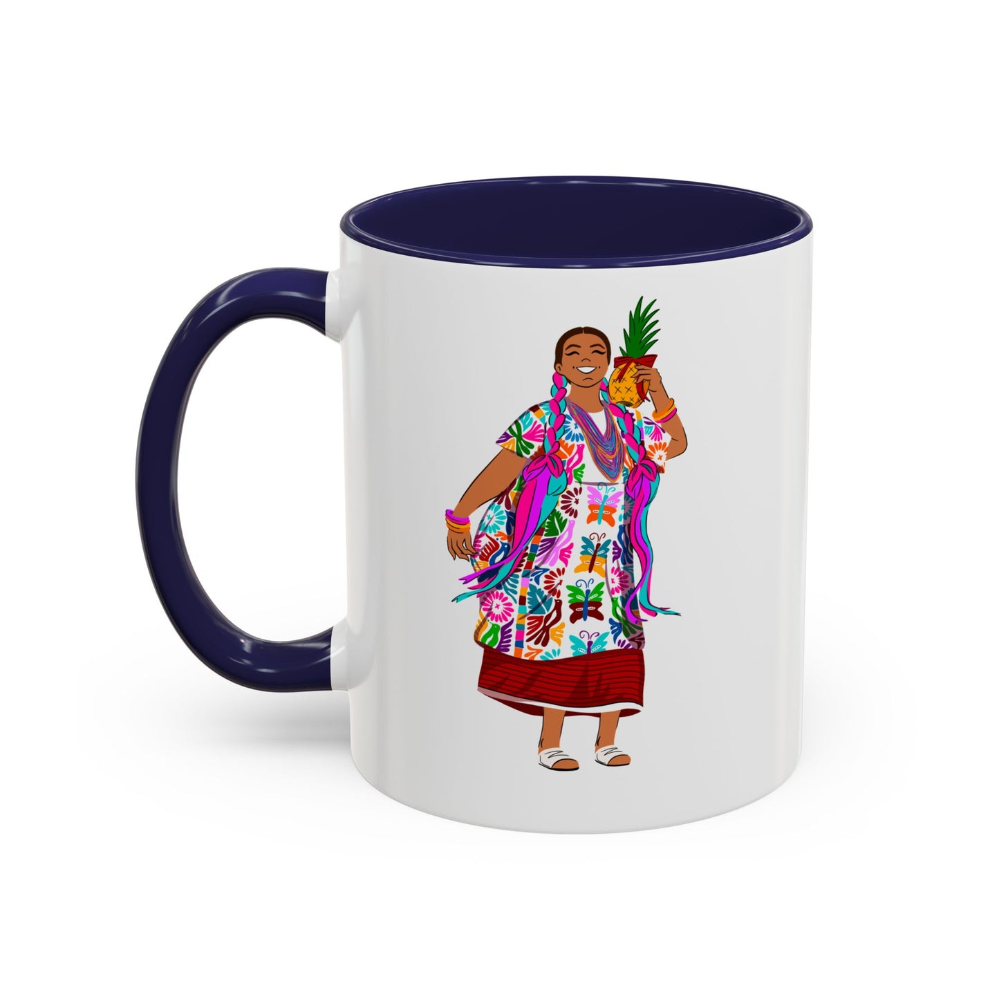 Accent Coffee Mug — Colorful Hawaiian Woman with Pineapple Illustration