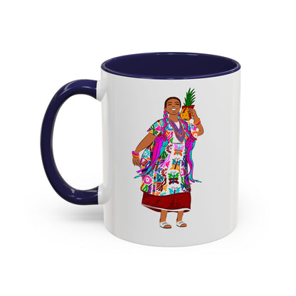 Accent Coffee Mug — Colorful Hawaiian Woman with Pineapple Illustration
