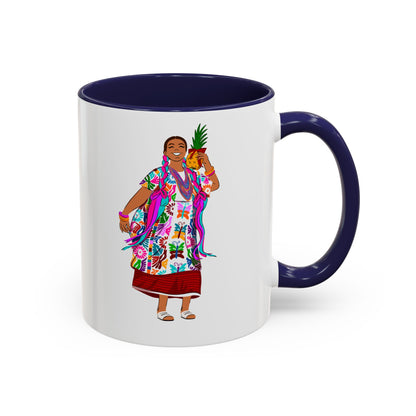 Accent Coffee Mug — Colorful Hawaiian Woman with Pineapple Illustration