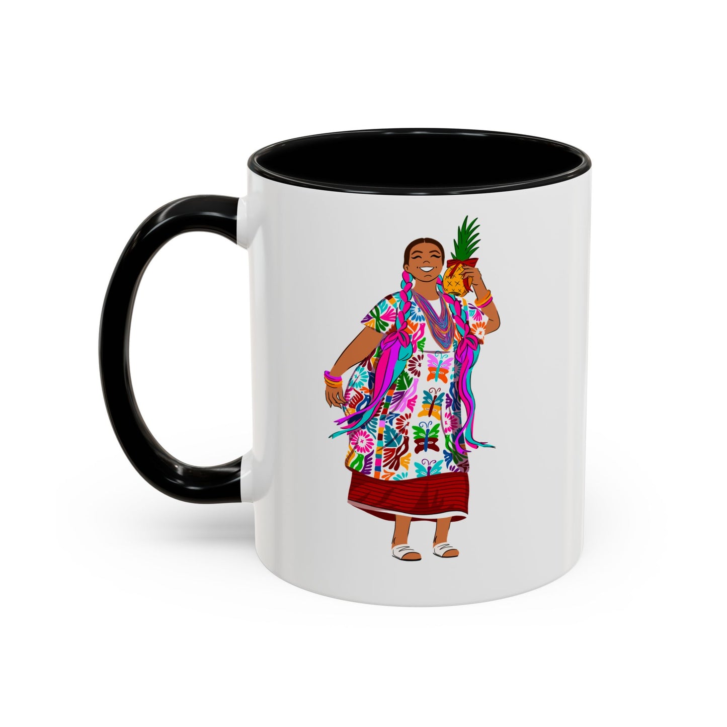 Accent Coffee Mug — Colorful Hawaiian Woman with Pineapple Illustration