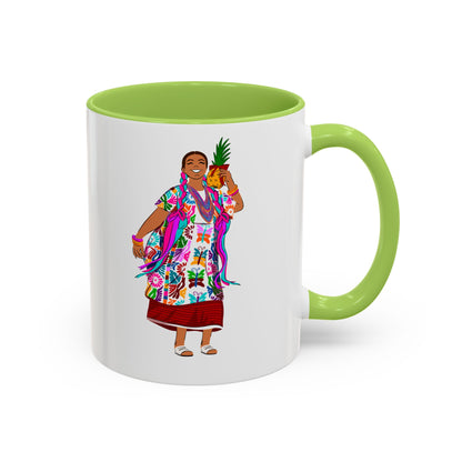 Accent Coffee Mug — Colorful Hawaiian Woman with Pineapple Illustration