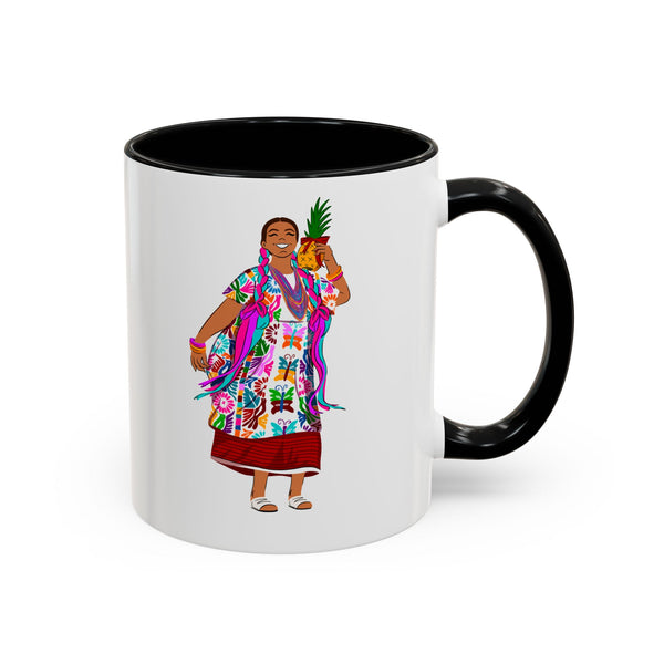 Accent Coffee Mug — Colorful Hawaiian Woman with Pineapple Illustration