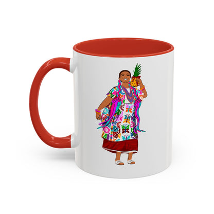 Accent Coffee Mug — Colorful Hawaiian Woman with Pineapple Illustration
