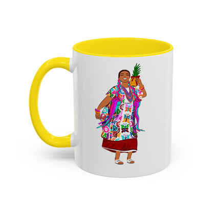 Accent Coffee Mug — Colorful Hawaiian Woman with Pineapple Illustration