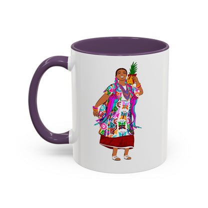 Accent Coffee Mug — Colorful Hawaiian Woman with Pineapple Illustration