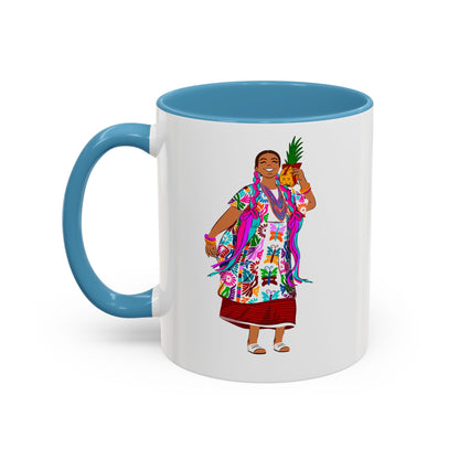 Accent Coffee Mug — Colorful Hawaiian Woman with Pineapple Illustration