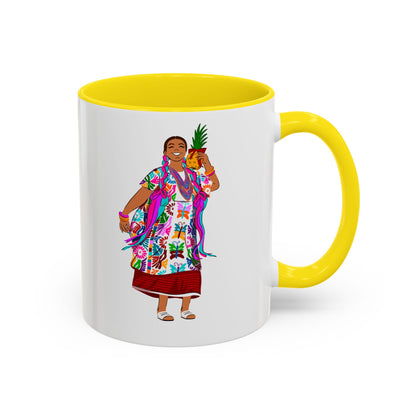 Accent Coffee Mug — Colorful Hawaiian Woman with Pineapple Illustration