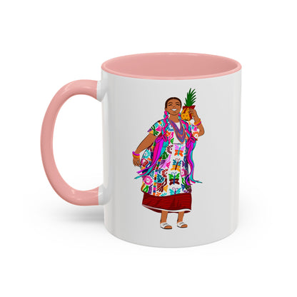 Accent Coffee Mug — Colorful Hawaiian Woman with Pineapple Illustration