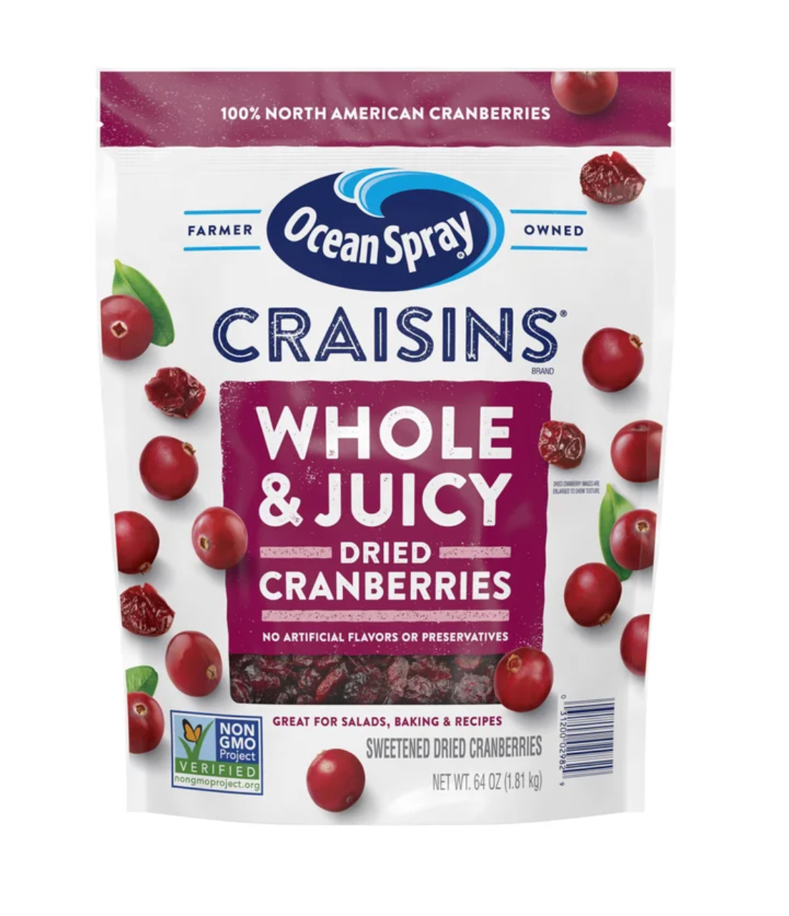 Ocean Spray Craisins, Whole Dried Cranberries, 64 oz